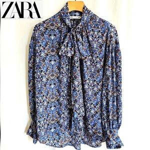 🇪🇦 Zara Blue Floral Paisley Long Sleeve Satin Blouse with Bow